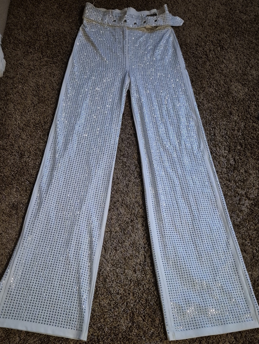 NICHOLE LYNEL NWOT BELTED WHITE STRETCH STUDDDED WIDE LEG HIGH WAIST PANTS SMALL